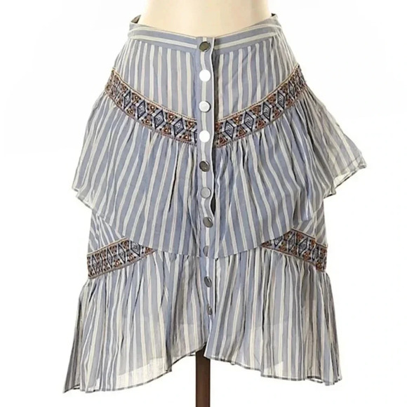 BCBGMAXAZRIA | Bohemian Blue Linen Tiered Ruffle Stripe Button Skirt Size XXS - Picture 1 of 8